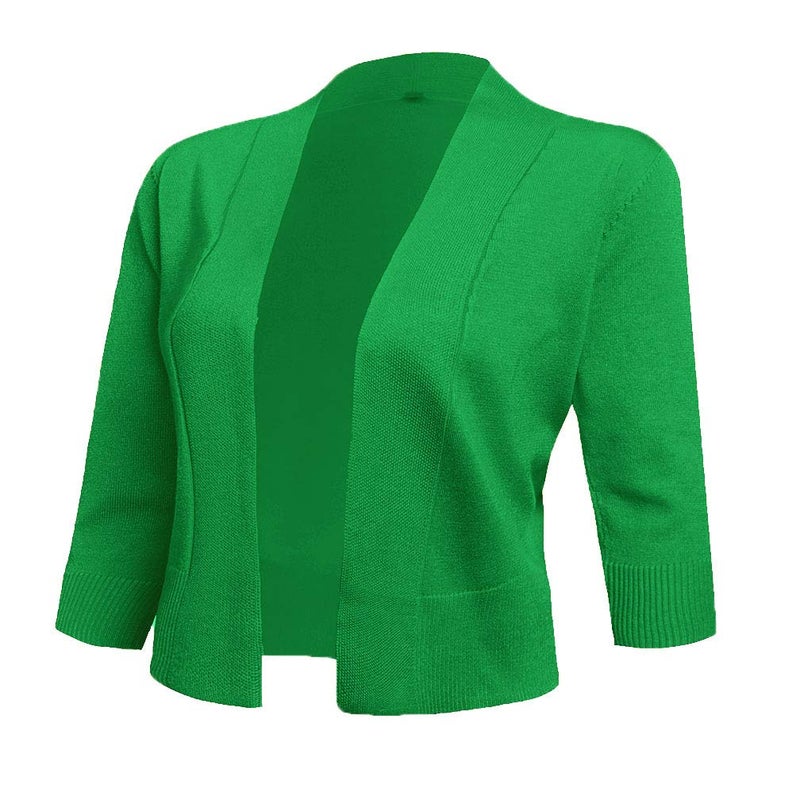 AAMILIFE Women's 3/4 Sleeve Cropped Cardigans Sweaters Jackets Open Front Short Shrugs for Dresses (Large, Green) - Image 1